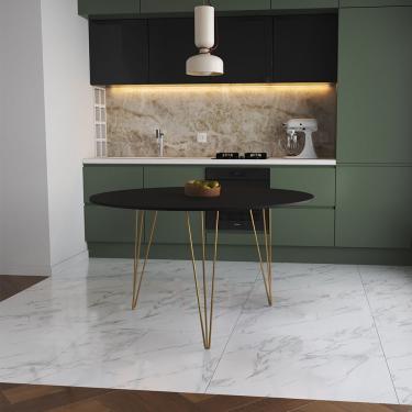 Imagem de Mesa De Jantar Redonda 110Cm Preta Clips 3 Pés Base Dourado