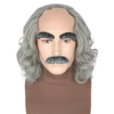 Imagem de LeMarnia Peruca De Velho Com Barba E Sobrancelhas, Perucas Engraçadas, Boné Curto Cinza Careca, Cabelo Lateral, Fantasia Vovô Halloween