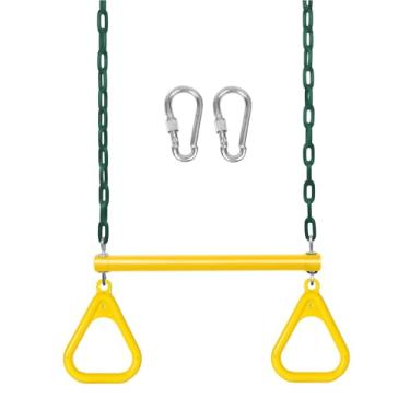 Imagem de LadyRosian 17" Gym Trapeze Swing Bar Rings 47" Heavy Duty Chain Swing Set Accessories with Locking Carabiners Plastic Coated Chains Swing Monkey Bars for Backyard, Playroom (Yellow)