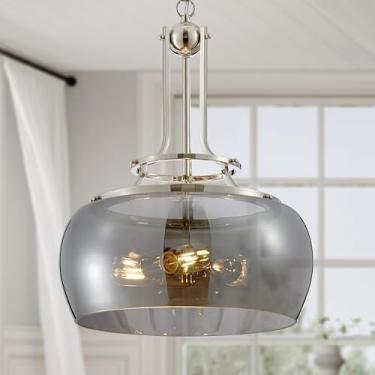 Imagem de WUZUPS Lustre De Níquel Rústico, Industrial, Redondo, Pendente Teto, Luminária Led, Cúpula Vidro Cinza Galvanizado, Para Sala Jantar, Cozinha, Ilha, Hall Entrada, Altura 53 Cm, Largura 40 Base E26