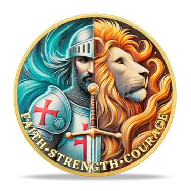 Imagem de Moeda de desafio de rosto de leão da cruz de cavaleiro | Medalhão de valor cavalheiresco e escudo sagrado | Token histórico de rosto de leão da cruz de cavaleiro | Presentes comemorativos para