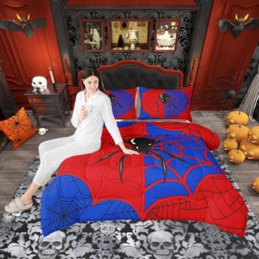 Imagem de Conjunto de edredom infantil de teia de aranha, tamanho Queen, aracnídeo preto, inseto, animais, decoração de quarto para meninos, meninas, mulheres, homens, edredom gótico de Halloween, vermelho e