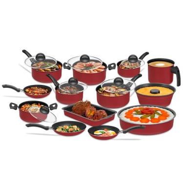 Imagem de Conjunto de Panelas Antiaderente, 13 Peças, Vermelho com Tampas de Vidro, Frigideiras e Caçarolas