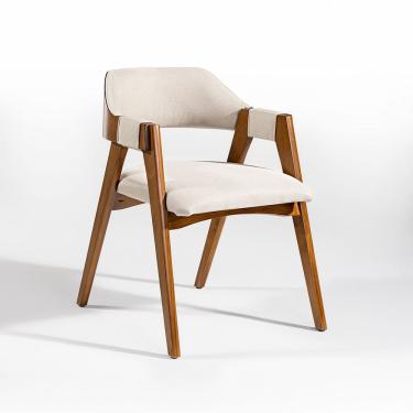 Imagem de Cadeira Lua Estofada com Encosto Curvo em Madeira Maciça Imbuia Linho Bege L60 RMI