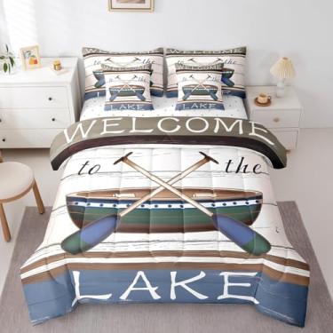 Imagem de jejeloiu Conjunto de edredom casal, 7 peças, chalé rústico, estilo casa de fazenda, barco e remo, cama de madeira retrô em uma bolsa com edredom, lençóis, fronhas e capa de almofada