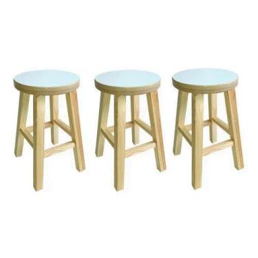 Imagem de Kit 3 Banqueta Media Hardman Madeira Natural Assento Redondo MDF Branc