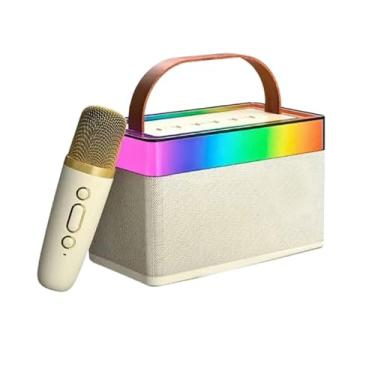 Imagem de Caixa de Som Portátil com Karaokê, Microfone Sem Fio, Iluminação RGB, 10W RMS, Bluetooth, USB (Creme)