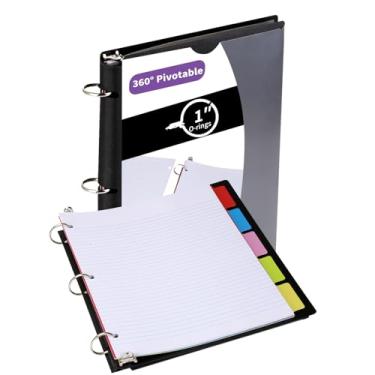 Imagem de Tashkummy 2 cadernos giratórios recarregáveis, fichário atualizado de 3 anéis de 2,5 cm, papel pautado para faculdade, caderno de 5 assuntos com divisórias e bolsos para pastas, abas - preto