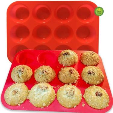 Imagem de keliwa 2 formas espessas para muffins de silicone com 12 xícaras – Forma de cupcake ótima para fazer bolos de muffin, torta, pão – molde de silicone antiaderente/lava-louças – segura para micro-ondas