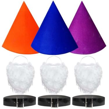 Imagem de amivoo Conjunto de fantasia de gnomo – chapéu de gnomo, cinto de barba, acessórios de fantasia de anão, chapéus pontiagudos de duende de bruxa de giz de cera para Halloween, Laranja/azul escuro/roxo