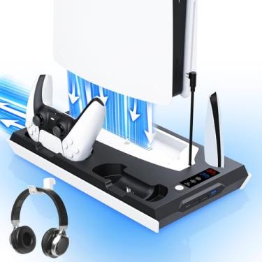 Imagem de fivtek Estação De Resfriamento Ps5/Ps5 Slim Com Estação De Carregamento De Controle Duplo, Suporte De Resfriamento Ps5 Para Console Playstation 5, Suporte Para Fone De Ouvido/Ventilador De Resfriame
