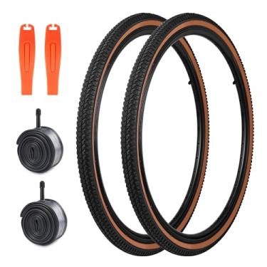 Imagem de MAKELEN Pacote com 2 pneus de bicicleta de 26 x 1,5 com tubos. Pneu de bicicleta de montanha vintage compatível com pneu de bicicleta (lado Brwon (2 pneus e 2 tubos), 26 x 1,5)