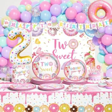 Imagem de Hombae Two Sweet Birthday Party Supplies, 2 Year Old Birthday Decorations Girl, Donut Grow Up 2nd Themed Party Decor, Backdrop Balloon Banner Tablecloth Cake Topper Tableware Plates Napkins Forks