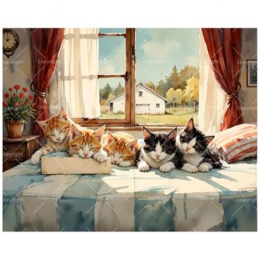 Imagem de TAOPAOLAB Kit de pintura de gatinhos por números para adultos – DIY Sleeping Kittens by Farm Window Painting on Canvas 40 x 50 cm, conjunto de tinta acrílica, adequado para iniciantes, arte para
