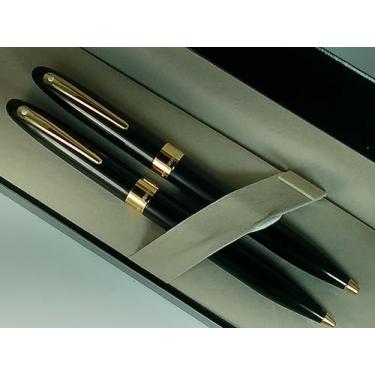 Imagem de Sheaffer Feito nos EUA Crest Black Laque com ponta esferográfica de acabamento dourado 23KT e conjunto de lápis de 0,5 mm