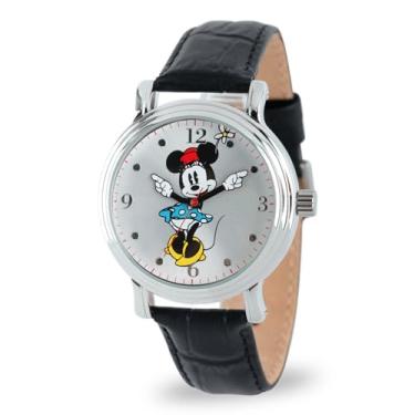 Imagem de Disney Relógio feminino Minnie Mouse, pulseira de couro preto, mostrador e caixa prateados, relógios femininos elegantes da Minnie Mouse, relógio perfeito, relógio elegante e divertido para qualquer