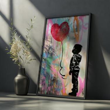 Imagem de Quadro Decorativo Menino Balão Coração Com Moldura Arte Urbana Estilo Banksy Colorido Amor Infantil Moderna Parede Criativa