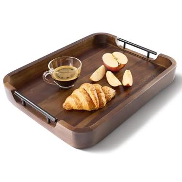 Imagem de TIDITA Bandeja otomana para sala de estar – Bandeja retangular de 43 x 33 cm com alças – Bandeja de madeira de acácia para mesa de café, sala de estar, café da manhã na cama – Bandejas decorativas