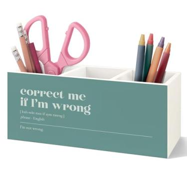 Imagem de VIIJJUE Porta-lápis de madeira engraçado para acessórios de mesa de escritório, presentes de humor de escritório para colegas de trabalho, mulheres, homens, correct me if I'm Wrong, organizador de