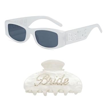 Imagem de Óculos de sol de noiva e clipe de garra de noiva - conjunto de despedida de solteira | Sunnies brilhantes de mármore branco, decoração de Bach, adereços para fotos de chá de dama de honra