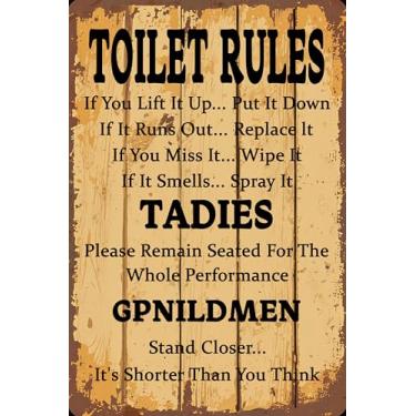 Imagem de Regras de banheiro retrô engraçadas placa metal estanho aviso decoração banheiro arte para casa bar café pub 20 x 30 centímetros