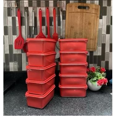 Imagem de Kit 10 potes Retangulares 1 litro marmita vasilha tapoer(Verrmelho)