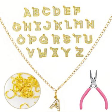 Imagem de Kit de material do alfabeto para colar DIY, conjunto de 26 pingentes de alfabeto com diamantes, duas correntes de ouro, um alicate manual com um pacote de círculos abertos, colar de moda personalizada