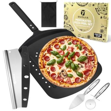 Imagem de MANJIA Espátula de pizza perfurada de alumínio de 30,5 cm, antiaderente com cortador basculante, conjunto de espátula de casca de pizza para servir de pizza para família, acessórios de forno de pizza