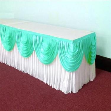 Imagem de Saia de mesa de seda prateada de 3 metros, inclui cortina, toalha de mesa para banquete, saia para festa de casamento, decoração para eventos, branca e azul, 6,4 metros, 6,3 m de comprimento
