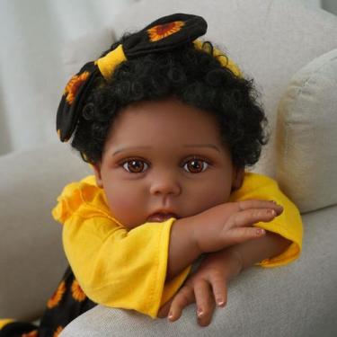 Imagem de Boneca Bebê Reborn Negra Brastoy Silicone Realista 48cm Kit Acessórios