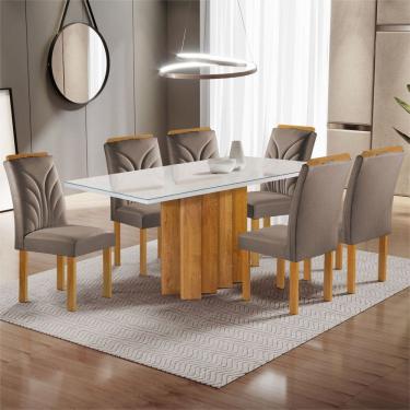 Imagem de Mesa de Jantar 6 Lugares Dakota com Vidro Off White Cinamomo/Off White/Veludo Bege Escuro - Cel Móveis