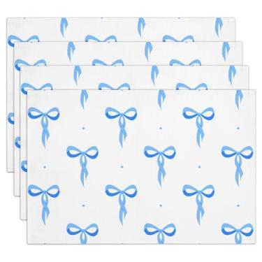 Imagem de Conjunto de 4 jogos americanos de linho de algodão Blue Bow, tapete de mesa para jantares em família, festas de casamento, restaurante, cozinha, decoração, impermeável, lavável, resistente ao calor