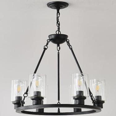 Imagem de JTYKHNM Lustre de roda de vagão preto de 6 luzes, luminária moderna de vidro de fazenda 61 cm luminária pendente industrial redonda para sala de estar, sala de jantar, ilha de cozinha, entrada, hall