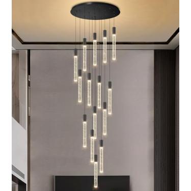 Imagem de cenozo Lustres modernos de 15 luzes para entrada de escadas, LED, regulável, glamouroso, lustre luminoso, luminária, escada, hall de entrada, sala de estar, sala de jantar, preto