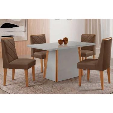 Imagem de Conjunto Sala de Jantar Tilia c/ Tampo Madeirado c/ Vidro Canto Curvo 120x80cm e 4 Cadeiras Maldivas Madeira Maciça Naturale/Off White - Capuccino/Sue