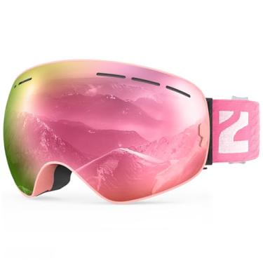 Imagem de ZIONOR Óculos de neve X Ski Snowboard Design OTG para homens e mulheres adultos com lentes esféricas destacáveis proteção UV antiembaçamento (VLT 7% armação rosa, lente cinza Revo rosa)