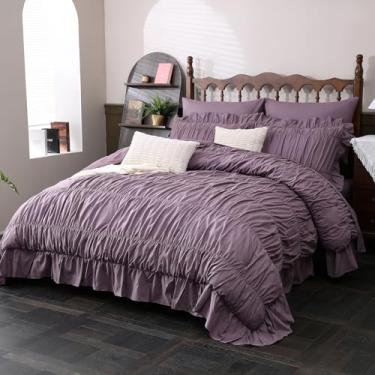Imagem de Herside Jogo de edredom King com babado roxo, 9 peças, cama em uma bolsa, edredom fofo de luxo com lençol de cima, lençol com elástico, fronhas para todas as estações