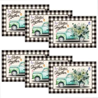 Imagem de WADORN Jogo americano Truck Flowers Better Together, conjunto de 6, 43 x 29 cm, preto buffalo, xadrez, primavera, verão, fazenda, rústico, férias, lavável, para casa, cozinha, jantar, festa de férias