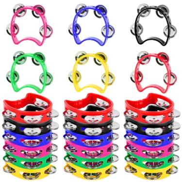 Imagem de 24 pandeiros multicoloridos para adultos – 4 sinos de instrumentos musicais portáteis e criadores de ruído perfeitos para eventos de caridade, igreja, jardim de infância, casamentos, festas de Natal e