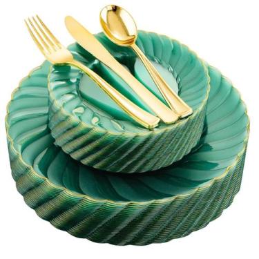 Imagem de Pratos de plástico YOUBET Clear Green com borda dourada 125 unidades