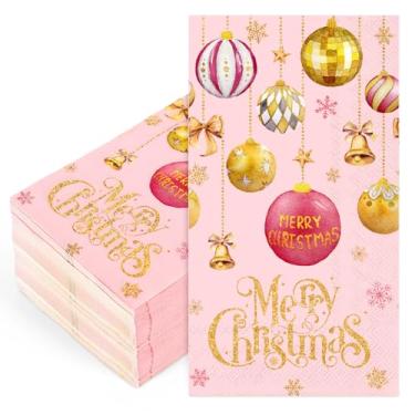 Imagem de JarThenaAMCS Guardanapo de convidado de Natal ouro rosa bola de Natal guardanapos de papel descartáveis guardanapos de mão de jantar para decoração de mesa