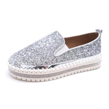 Imagem de WXLZBNFKG Tênis feminino de strass com glitter, moderno, confortável, sem cadarço, sem cadarço, caminhada, vestido de casamento, sapatos casuais, Prata, 38