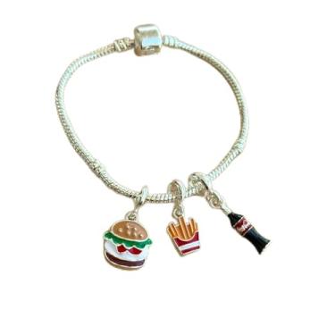 Imagem de Pulseira com 3 berloques lanche, batata frita e coca Ks - banhado a prata