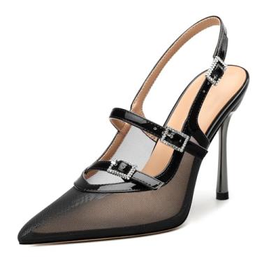 Imagem de Heisnemca Sapatos femininos de salto alto com bico fino, bico fino, porosidade, malha fechada, sandálias de salto deslizante, sapatos de festa, trabalho, 3,5 polegadas, Patente preta, 38