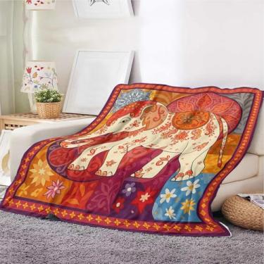 Imagem de Cobertor de elefante boho para mulheres e homens – Manta de lã mandala indiana colorida, macia, aconchegante, leve, boêmia, roupa de cama, sofá, sofá, presente, cobertor vibrante (129,8 x 159,9 cm)