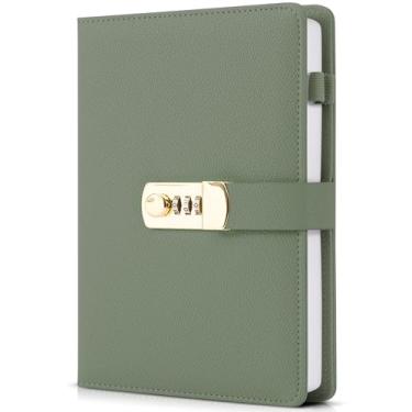 Imagem de Diário estético com cadeado – Lindo diário de couro com bloqueio de código fácil de alterar e páginas recarregáveis – Planejador de qualidade para mulheres com marcador de página e suporte de caneta