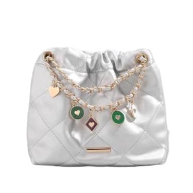 Imagem de Jopchunm Bolsa de ombro acolchoada Hobo, alças de corrente dourada com pingentes de coração, várias cores, 28 x 14 x 18 cm, Prata