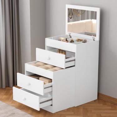 Imagem de Penteadeira Cômoda Gaveteiro Espelho Banqueta Embutido 100% MDF 3 Gaveta Compacta (Branco)