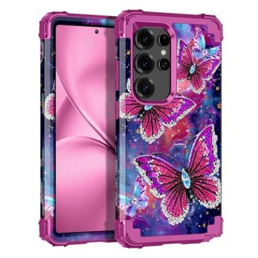 Imagem de LONTECT Capa para Galaxy S24 Ultra, que brilha no escuro, três camadas, resistente, à prova de choque, policarbonato rígido + capa protetora robusta de silicone macio para mulheres e meninas, roxo