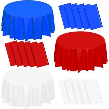 Imagem de VAIPI Pacote com 15 toalhas de mesa de plástico para decoração vermelha, branca e azul, patriótica, toalha de mesa redonda 4 de julho para o Dia da Independência, Dia dos Veteranos, 213 x 213 cm